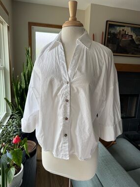 Zara 3/4 sleeve White Cotton Button-Front Shirt